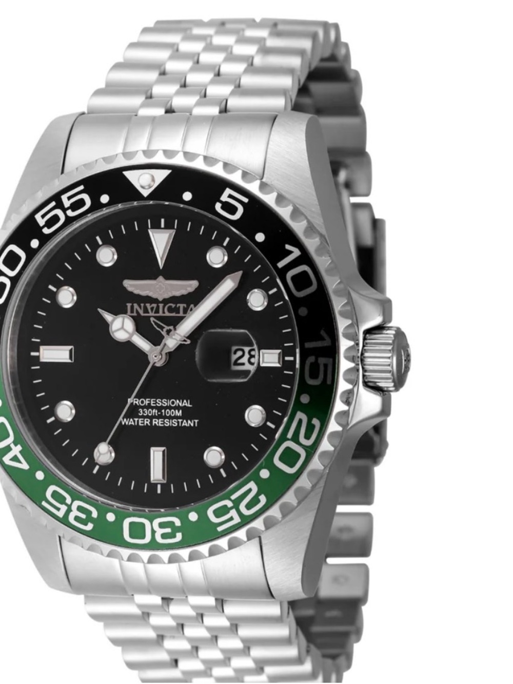 Invicta Men's Black Dial Silver Bracelet Watch with Green Accent Bezel